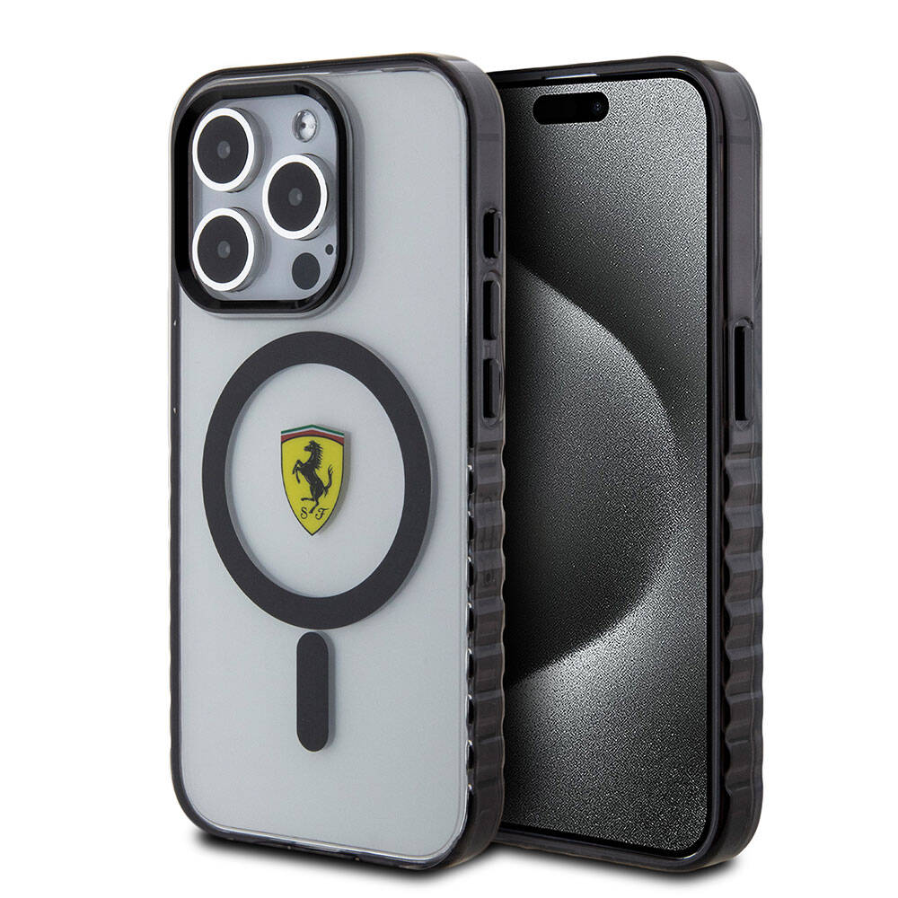 Apple iPhone 15 Pro Kılıf Ferrari Orjinal Lisanslı M-safe Şarj Özellikli Tırtıklı Kenar Tasarımlı Ortalanmış Logo Kapak