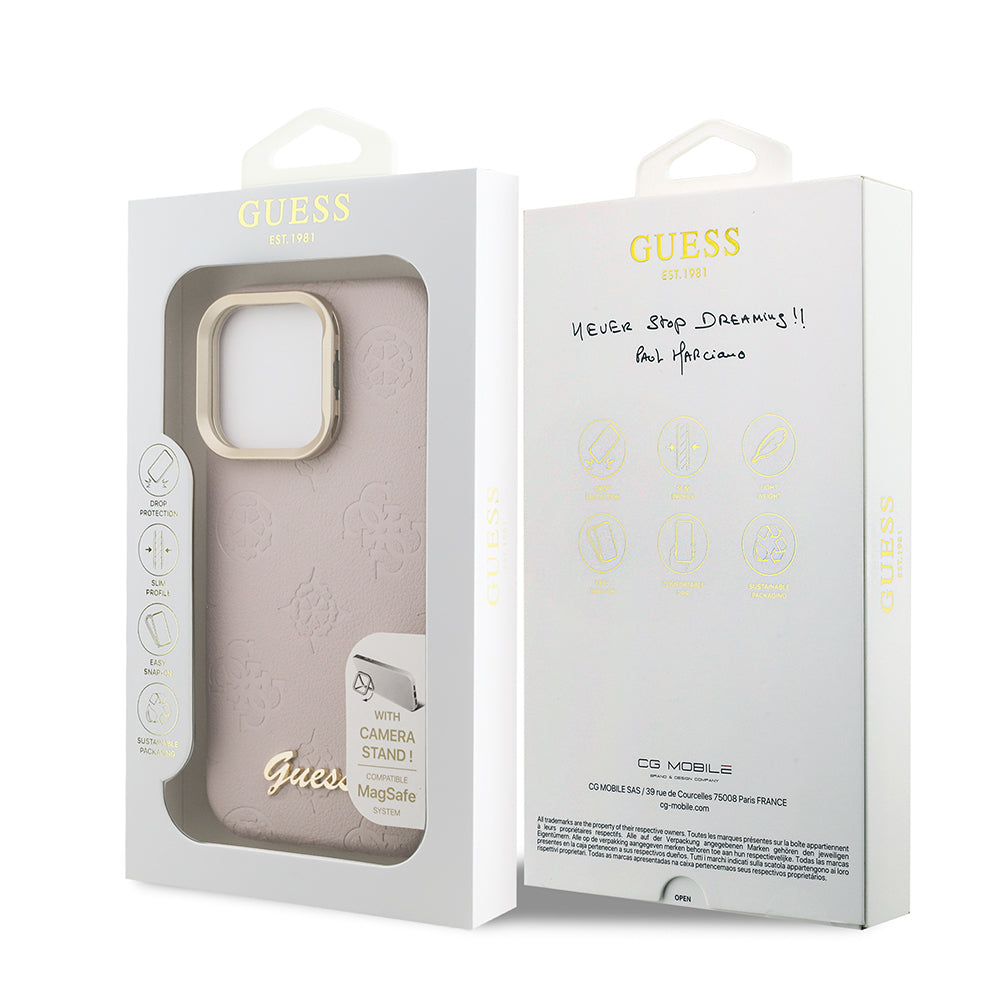 Apple iPhone 15 Pro Kılıf Guess Orjinal Lisanslı M-safe Şarj Özellikli Sıcak Baskılı Yazı Logolu Kamera Standlı PU Deri Peony Kapak Siyah