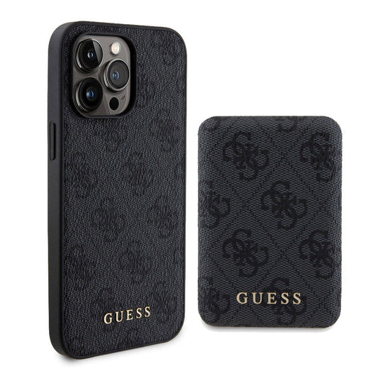 Apple iPhone 15 Pro Kılıf Guess Orjinal Lisanslı M-safe Şarj Özellikli Yazı Logolu 4G Desenli Kapak + Powerbank 5000mAh 2in1 Set Kahverengi