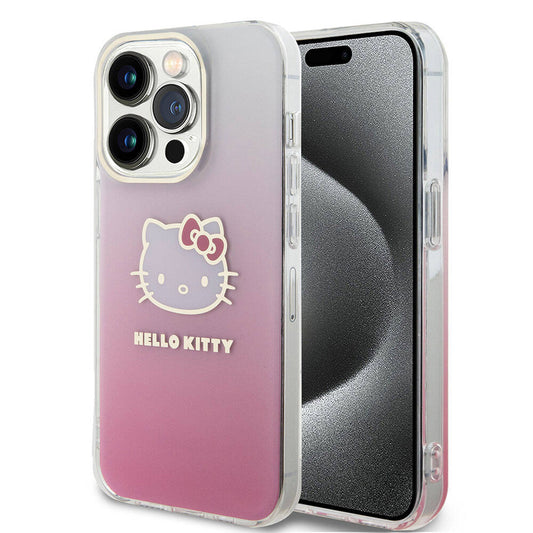 Apple iPhone 15 Pro Kılıf Hello Kitty Orjinal Lisanslı Yazı ve İkonik Logolu Elektroplating Kaplama Gradyan Kapak Mor