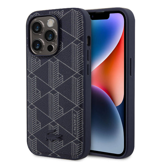 Apple iPhone 15 Pro Kılıf Lacoste Orjinal Lisanslı M-safe Şarj Özellikli PU Deri Görünümlü Karışık Monogram Desenli Kapak Lacivert