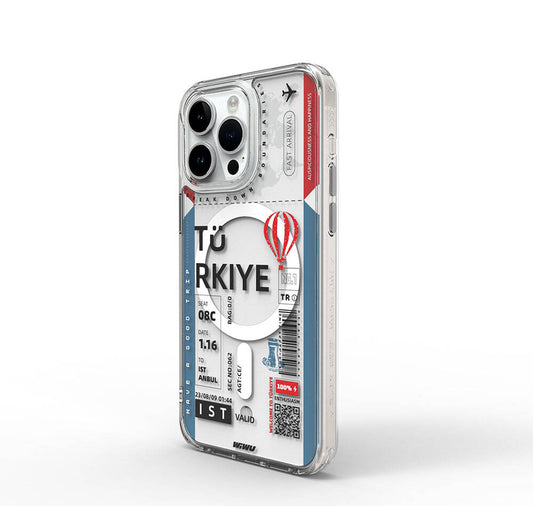 Apple iPhone 15 Pro Kılıf M-safe Şarj Özellikli Bilet Desenli Wiwu Turkey B Serisi Kapak Pembe