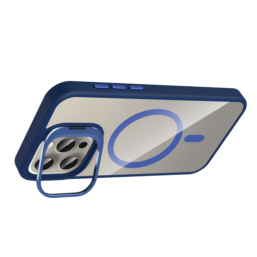 Apple iPhone 15 Pro Kılıf Standlı ve Kamera Lens Hediyeli M-Safe Şarj Özellikli Zore Etro Kapak Lacivert