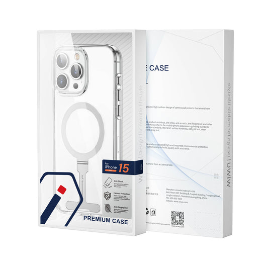 Apple iPhone 15 Pro Kılıf Wiwu FYY-014 M-safe Şarj Özellikli Alüminyum Alaşım Metal Standlı Şeffaf Kapak Renksiz