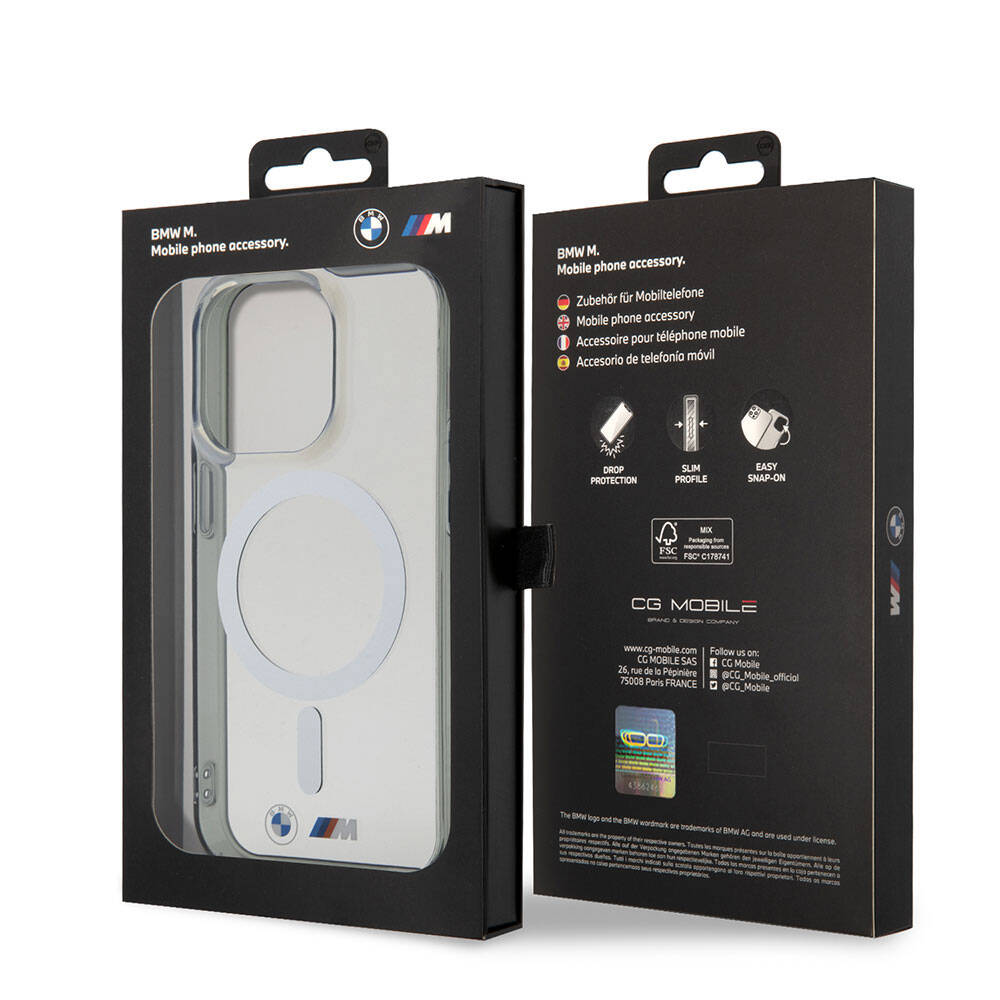 Apple iPhone 15 Pro Max Kılıf BMW M-safe Şarj Özellikli Transparan Silver Ring Orjinal Lisanslı Kapak Renksiz