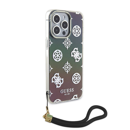 Apple iPhone 15 Pro Max Kılıf Guess Orjinal Lisanslı Desenli Yazı Logolu Askı İpli Holografik Glitter Peony Kapak Mor