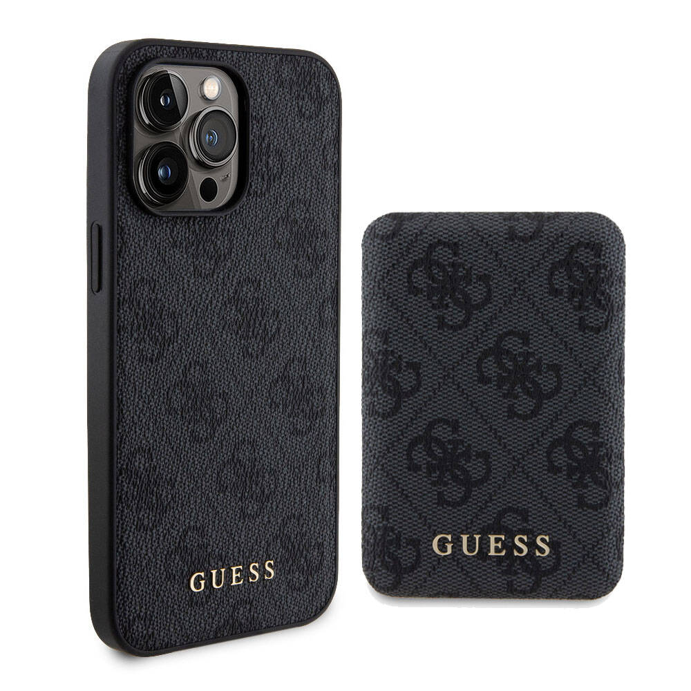 Apple iPhone 15 Pro Max Kılıf Guess Orjinal Lisanslı M-safe Şarj Özellikli Yazı Logolu 4G Desenli Kapak + Powerbank 5000mAh 2in1 Set