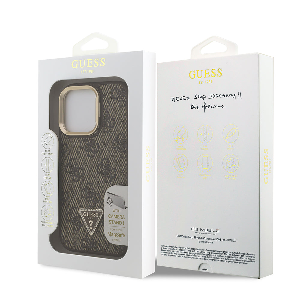 Apple iPhone 15 Pro Max Kılıf Guess Orjinal Lisanslı PU Deri Taşlı Üçgen Logo 4G Desenli Kamera Standlı Kapak Siyah