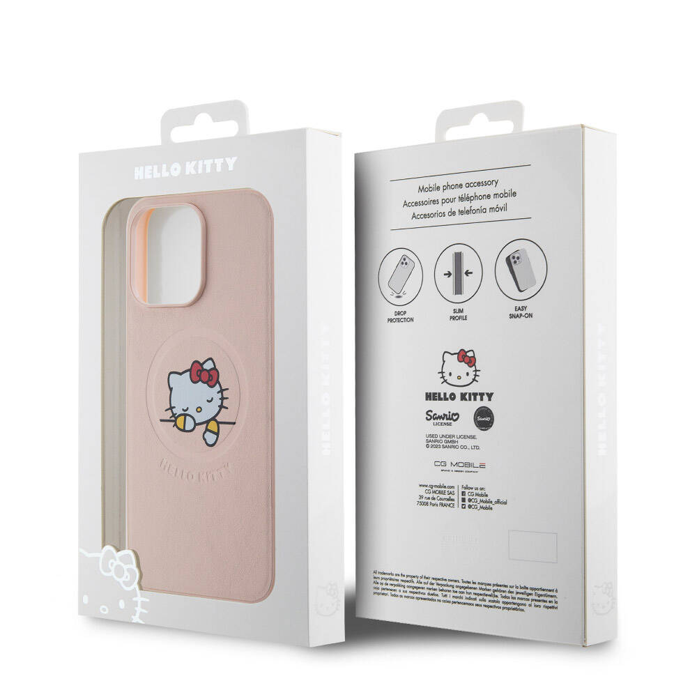 Apple iPhone 15 Pro Max Kılıf Hello Kitty Orjinal Lisanslı M-safe Şarj Özellikli Baskı Logolu Uyuyan Kitty Deri Kapak Gümüş