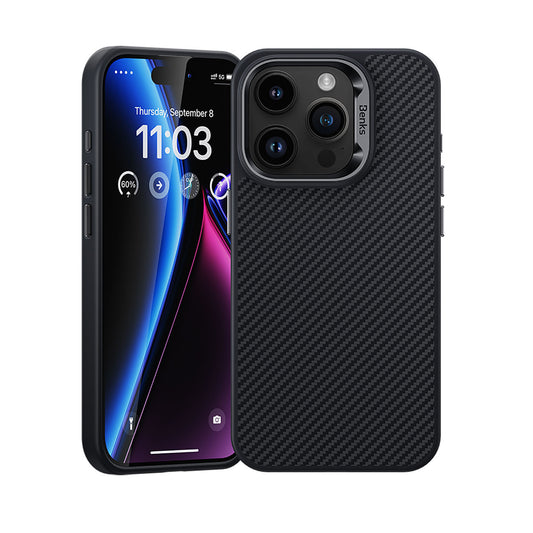 Apple iPhone 15 Pro Max Kılıf Karbon Fiber M-safe Şarj Özellikli Benks Hybrid ArmorPro 600D Kevlar Kapak Siyah