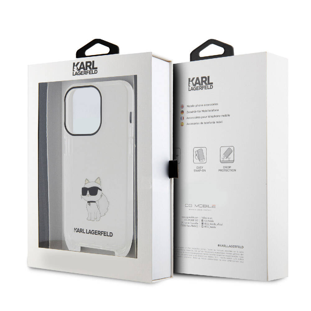 Apple iPhone 15 Pro Max Kılıf Karl Lagerfeld Orjinal Lisanslı Boyun Askılı Choupette İkonik Crossbody Kapak Renksiz