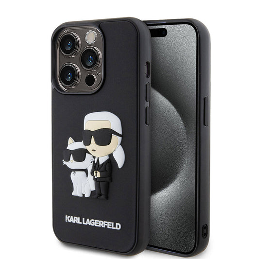 Apple iPhone 15 Pro Max Kılıf Karl Lagerfeld Silikon 3D K&C Logo Orjinal Lisanslı Kapak Siyah