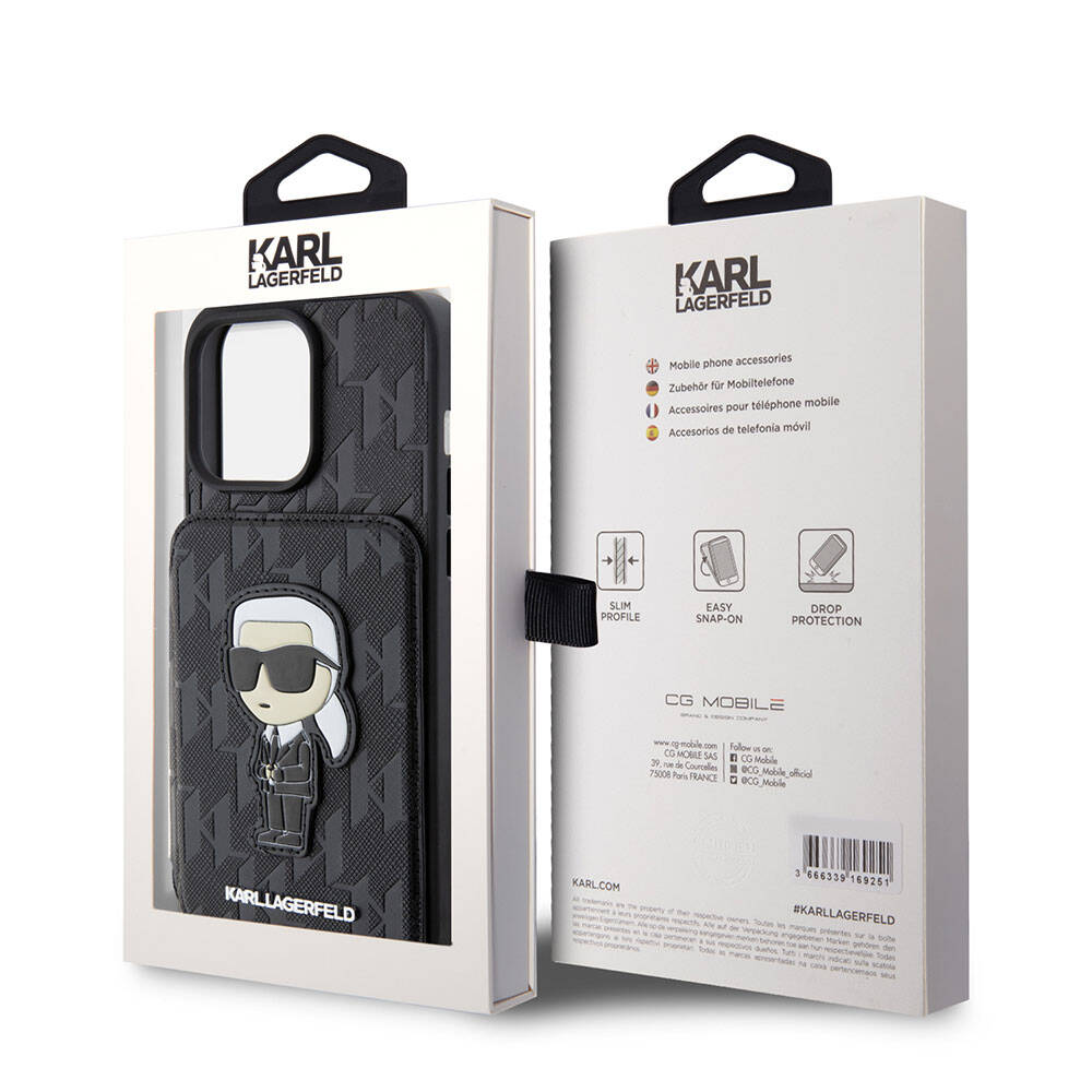 Apple iPhone 15 Pro Max Kılıf Karl Lagerfeld Standlı Kartlıklı Saffiano Monogram İkonik Metal Logo Orjinal Lisanslı Kapak Siyah