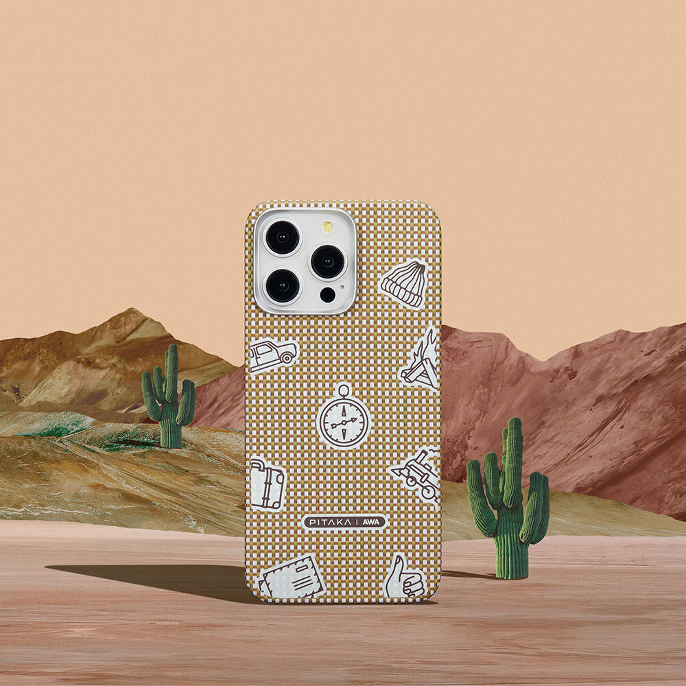 Apple iPhone 15 Pro Max Kılıf M-safe Şarj Özellikli Awa Tasarımlı 1500D Aramid Fiber Pitaka Ultra-Slim Classic Serisi Canyon Kapak Sarı