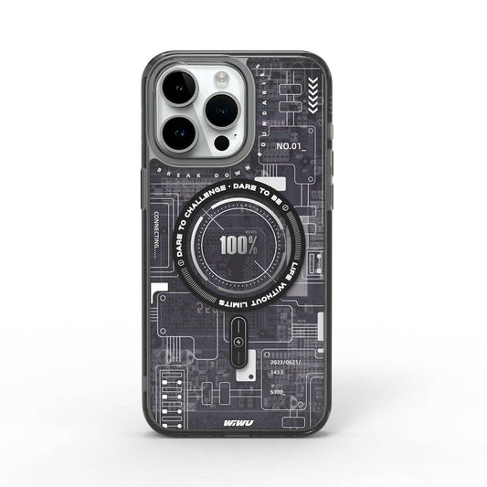 Apple iPhone 15 Pro Max Kılıf M-safe Şarj Özellikli Desenli Wiwu Mecha Circuit H Serisi Kapak Gri