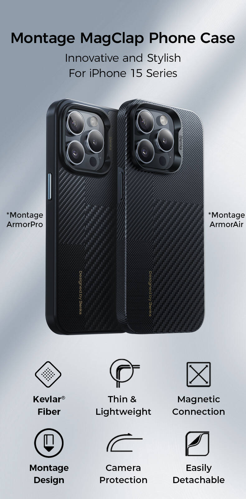 Apple iPhone 15 Pro Max Kılıf M-safe Şarj Özellikli Karbon Fiber Benks Montage Hybrid ArmorPro Kevlar Kapak Siyah