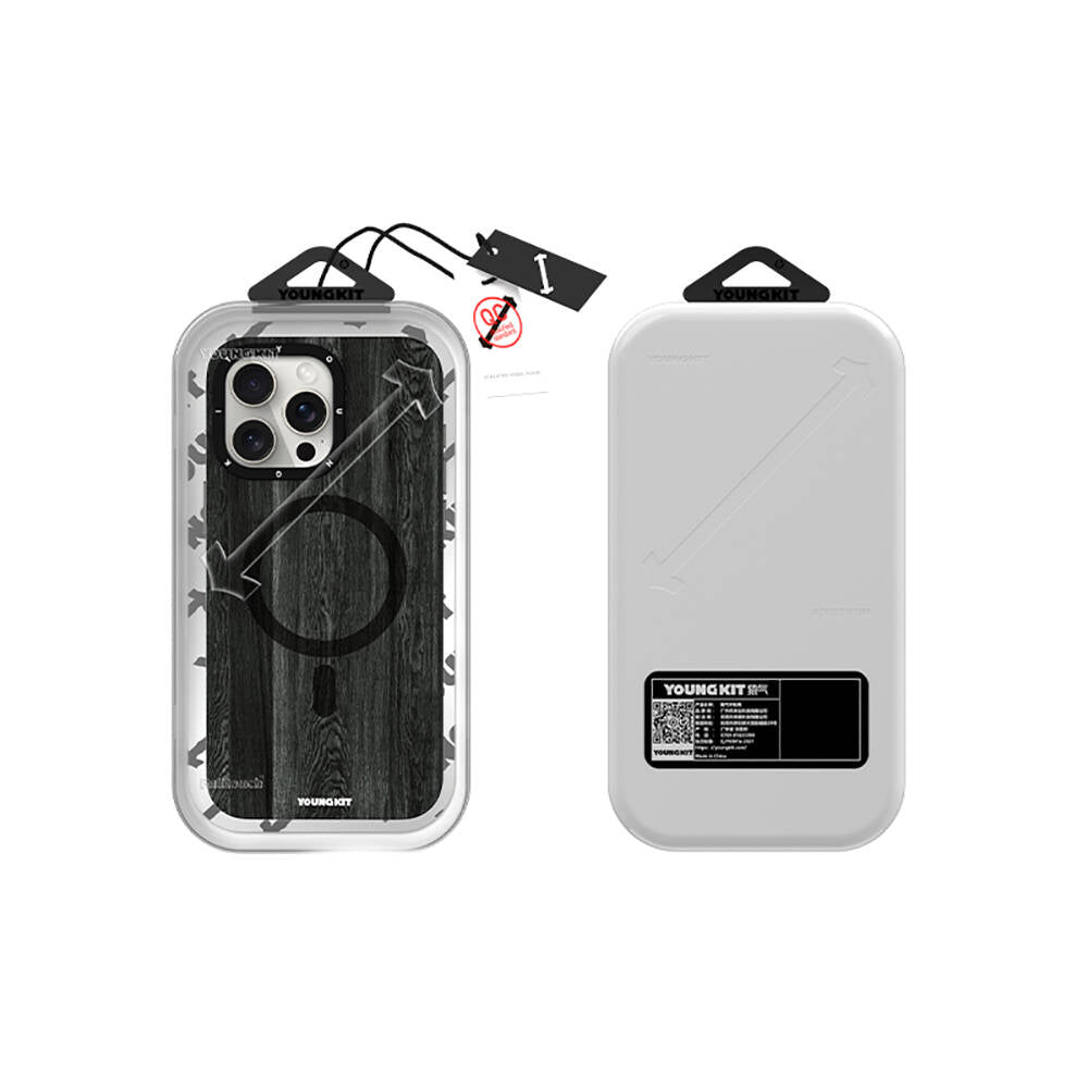 Apple iPhone 15 Pro Max Kılıf M-safe Şarj Özellikli Sararmaya Dayanıklı Youngkit Wood Forest Serisi Kapak Siyah