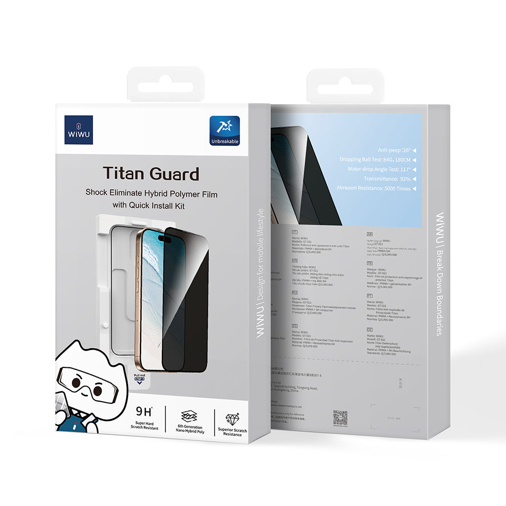 Apple iPhone 15 Wiwu GT-021 Titan Guard Serisi Şok Emici Hibrit Polimer Privacy Ekran Koruyucu Film + Kolay Uygulama Aparatı Siyah