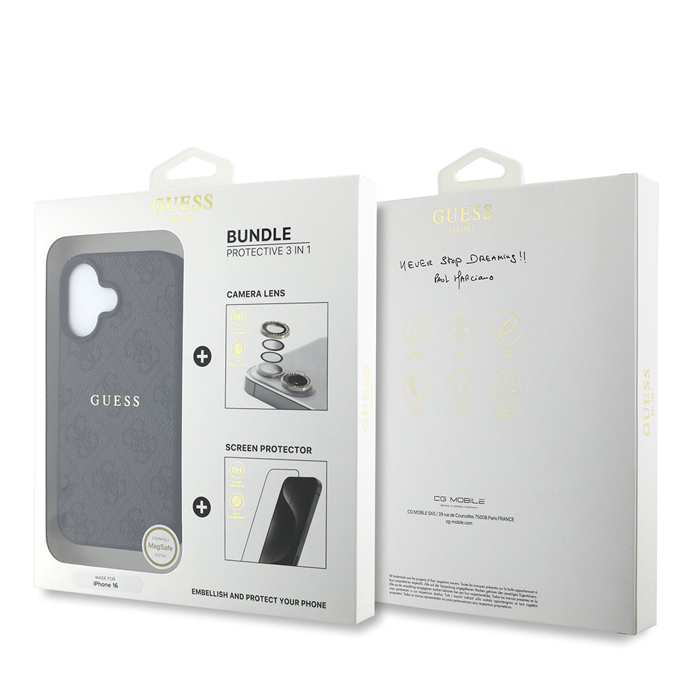 Apple iPhone 16 Guess Orjinal Lisanslı Kılıf + Ekran Koruyucu + Lens Koruyucu 3in1 Aksesuar Seti Pembe