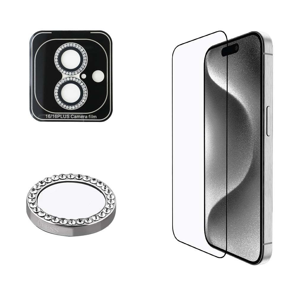 Apple iPhone 16 Guess Orjinal Lisanslı Rhinestone Ekran Koruyucu + Lens Koruyucu 2in1 Aksesuar Seti