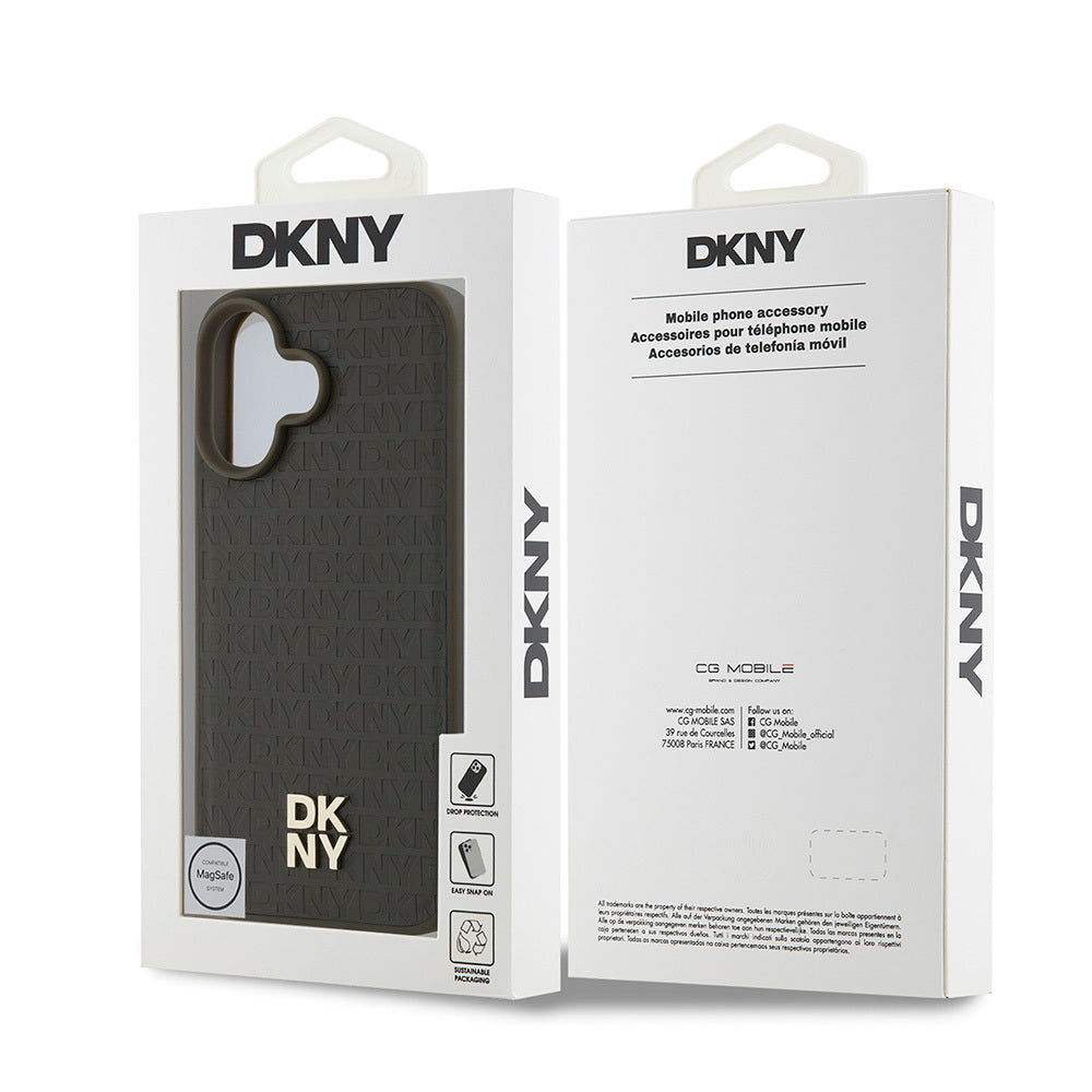 Apple iPhone 16 Kılıf DKNY Orjinal Lisanslı M-safe Şarj Özellikli 3D Yazılı Repeat Pattern Kapak Siyah
