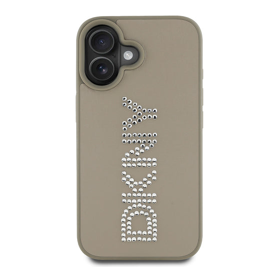 Apple iPhone 16 Kılıf DKNY Orjinal Lisanslı Taşlı DKNY Yazılı Metalik Rhinestones PU Deri Kapak Kahverengi