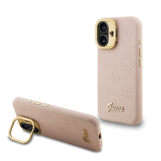 Apple iPhone 16 Kılıf Guess Orjinal Lisanslı M-safe Şarj Özellikli Sıcak Baskılı Yazı Logolu Kamera Standlı PU Deri Peony Kapak Siyah