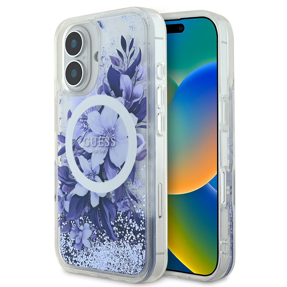 Apple iPhone 16 Kılıf Guess Orjinal Lisanslı M-safe Şarj Özellikli Sıvılı Simli Çiçek Desenli Kapak