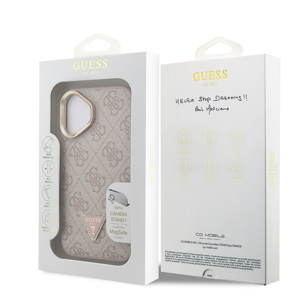 Apple iPhone 16 Kılıf Guess Orjinal Lisanslı PU Deri Taşlı Üçgen Logo 4G Desenli Kamera Standlı Kapak Pembe