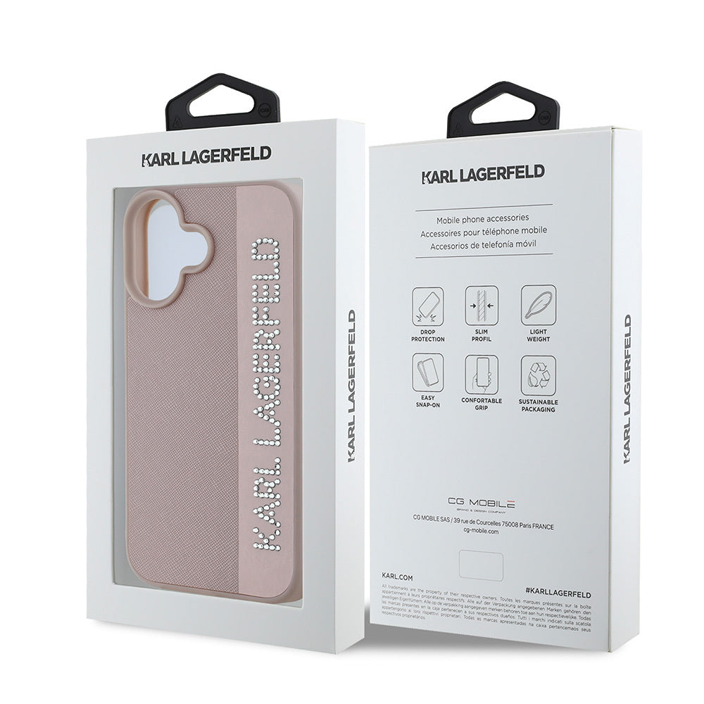 Apple iPhone 16 Kılıf Karl Lagerfeld Orjinal Lisanslı Anahtarlıklı Taşlı KL Yazılı Saffiano Rhinestones Kapak Pembe