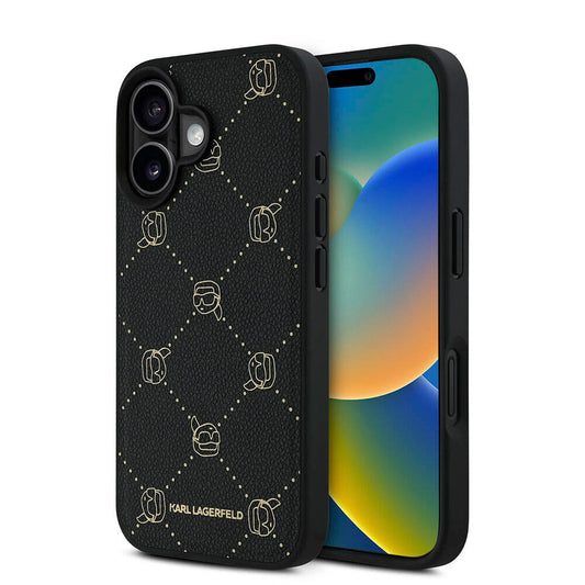 Apple iPhone 16 Kılıf Karl Lagerfeld Orjinal Lisanslı M-safe Şarj Özellikli PU Deri Karl Heads Desenli Klasik Logolu Kapak Siyah