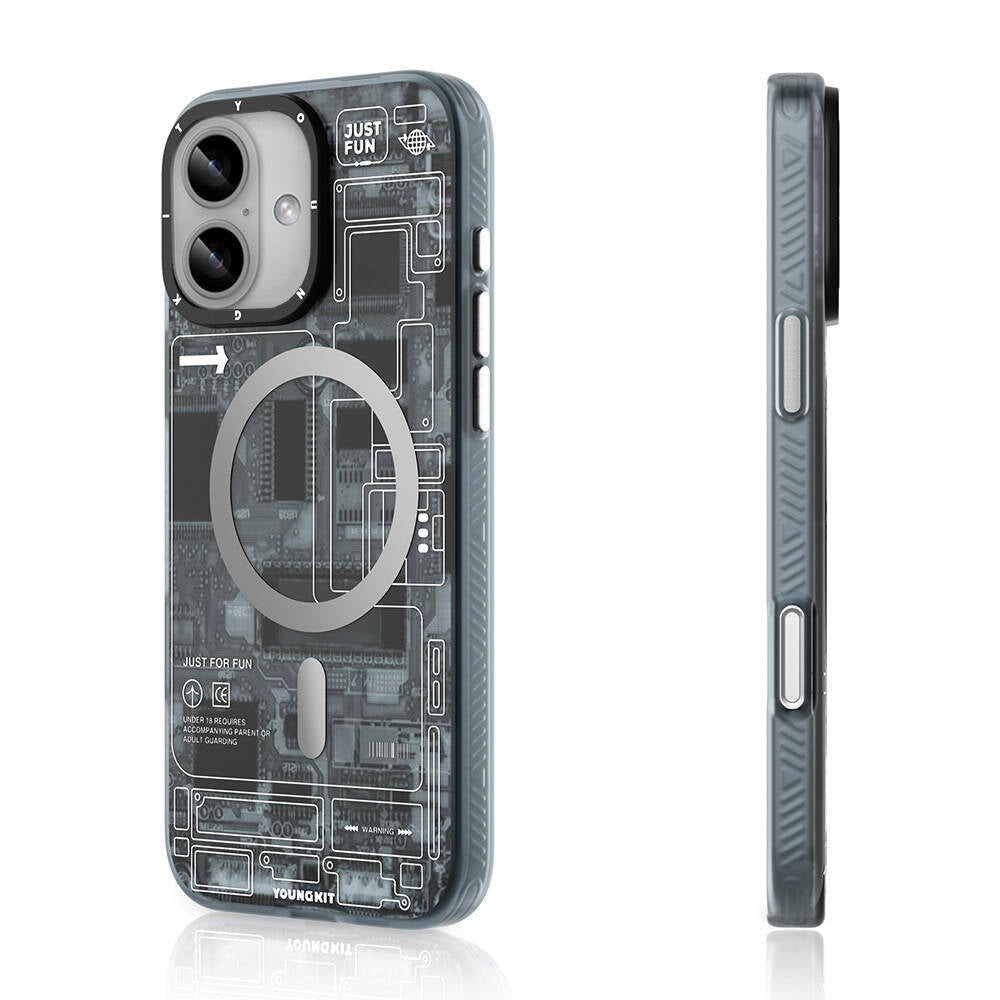 Apple iPhone 16 Kılıf M-safe Şarj Özellikli Youngkit Technology Serisi Kapak Gri