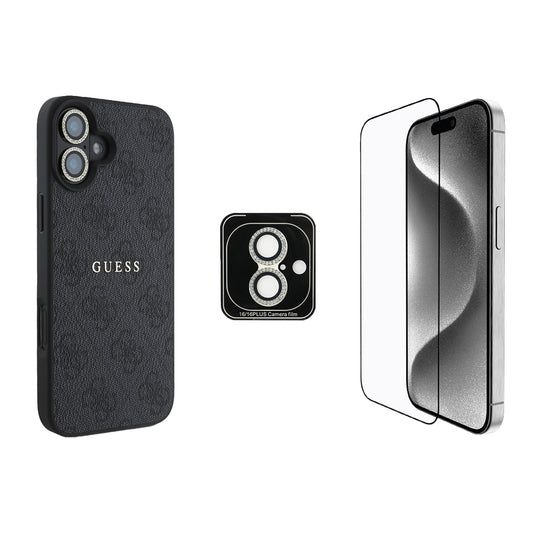 Apple iPhone 16 Plus Guess Orjinal Lisanslı Kılıf + Ekran Koruyucu + Lens Koruyucu 3in1 Aksesuar Seti Pembe