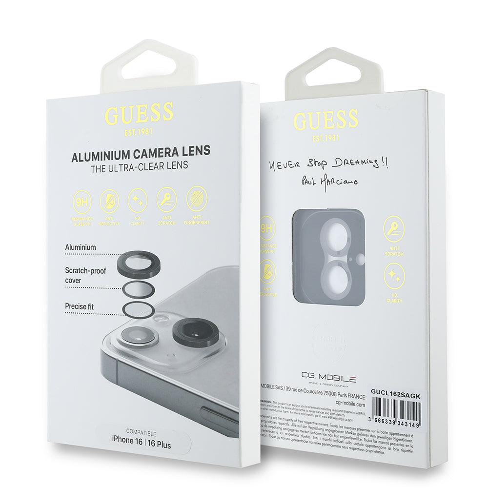 Apple iPhone 16 Plus Guess Orjinal Lisanslı Metal Kamera Lens Koruyucu Siyah