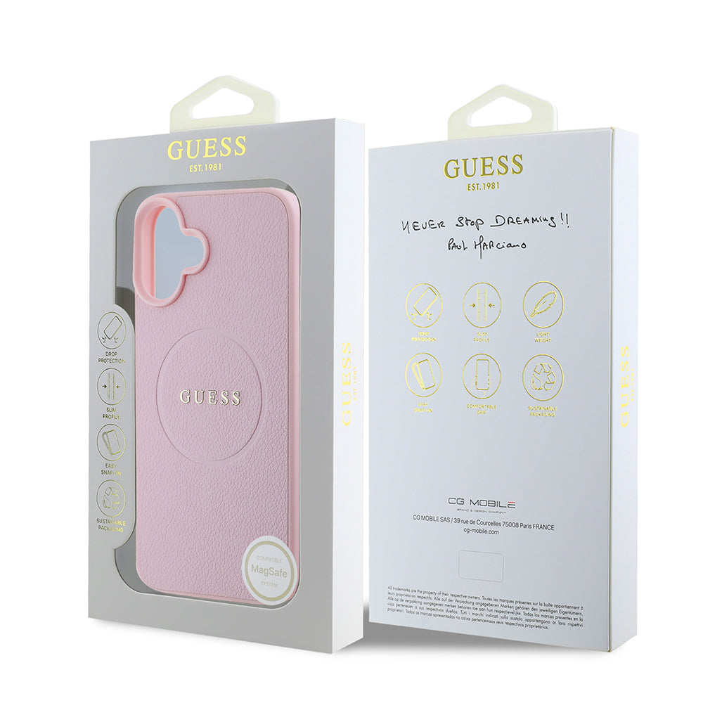 Apple iPhone 16 Plus Kılıf Guess Orjinal Lisanslı M-safe Şarj Özellikli Yazı Logolu Grained Kapak Pembe
