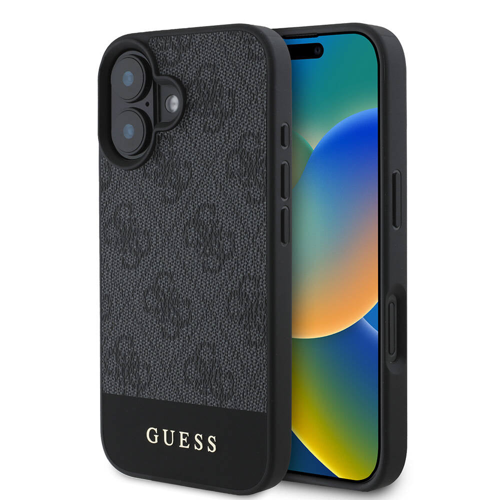 Apple iPhone 16 Plus Kılıf Guess Orjinal Lisanslı M-safe Şarj Özellikli PU Deri Şerit Logo Dizaynlı Kapak