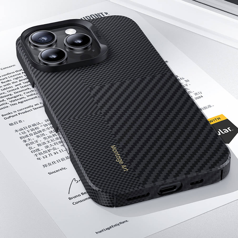 Apple iPhone 16 Plus Kılıf M-safe Şarj Özellikli Karbon Fiber Benks Montage ArmorAir Kevlar Kapak Siyah