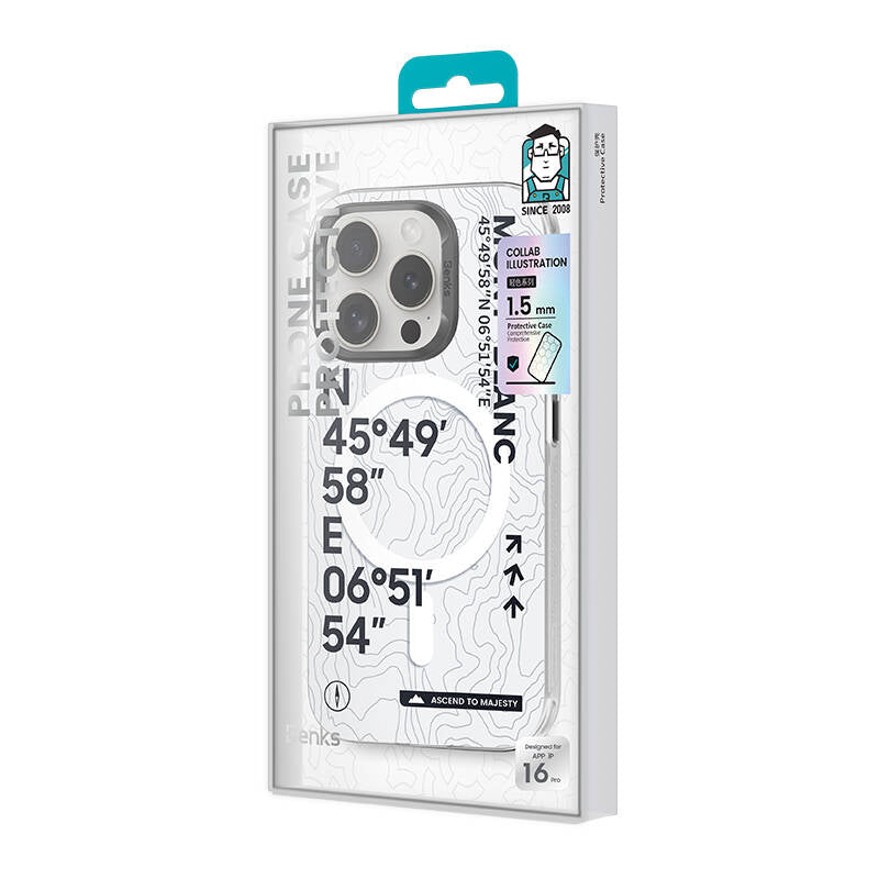 Apple iPhone 16 Plus Kılıf M-safe Şarj Özellikli Koordinat Yazı Desenli Benks Summit Serisi Kapak Beyaz