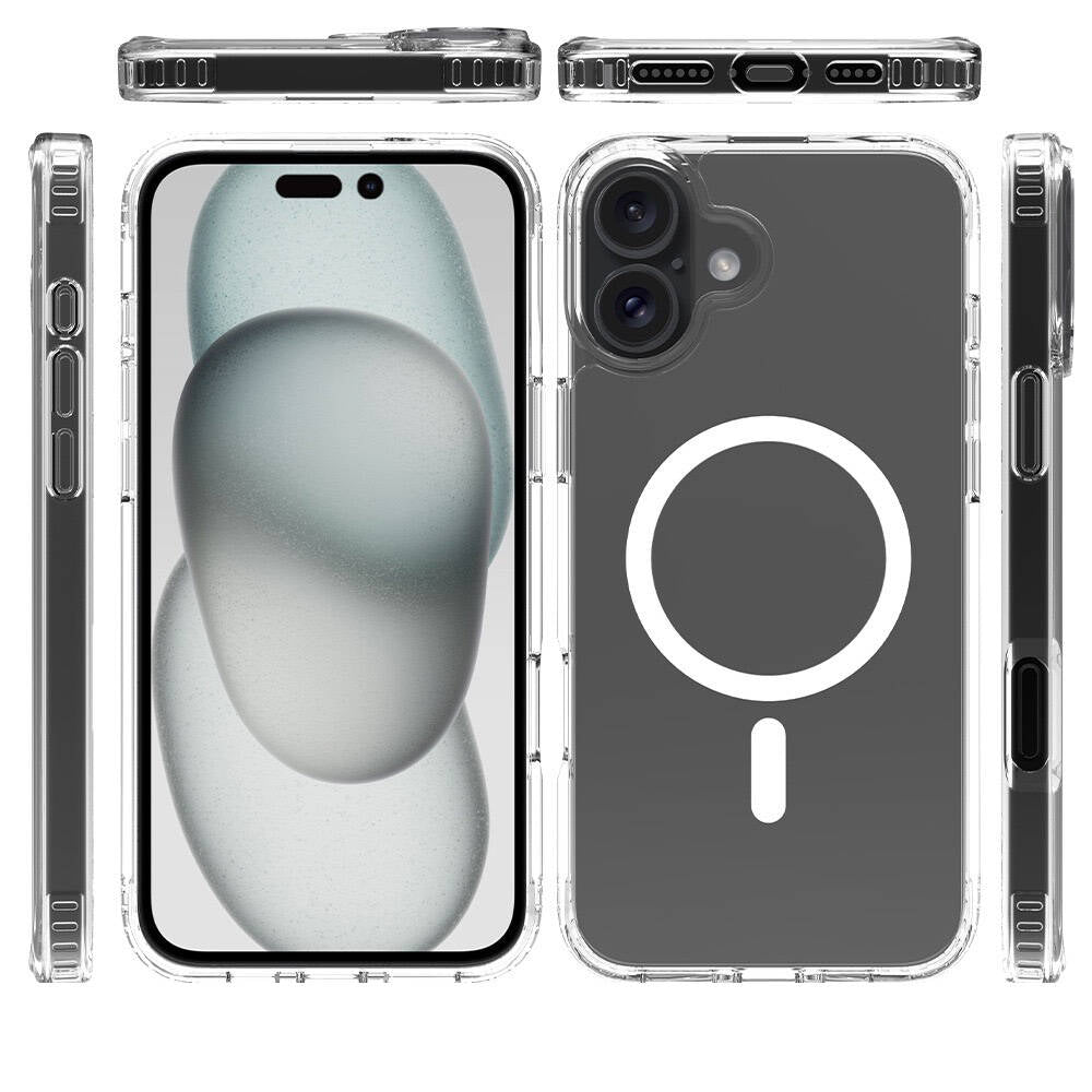 Apple iPhone 16 Plus Kılıf M-safe Şarj Özellikli Şeffaf Sert PC Zore Embos Kapak Şeffaf