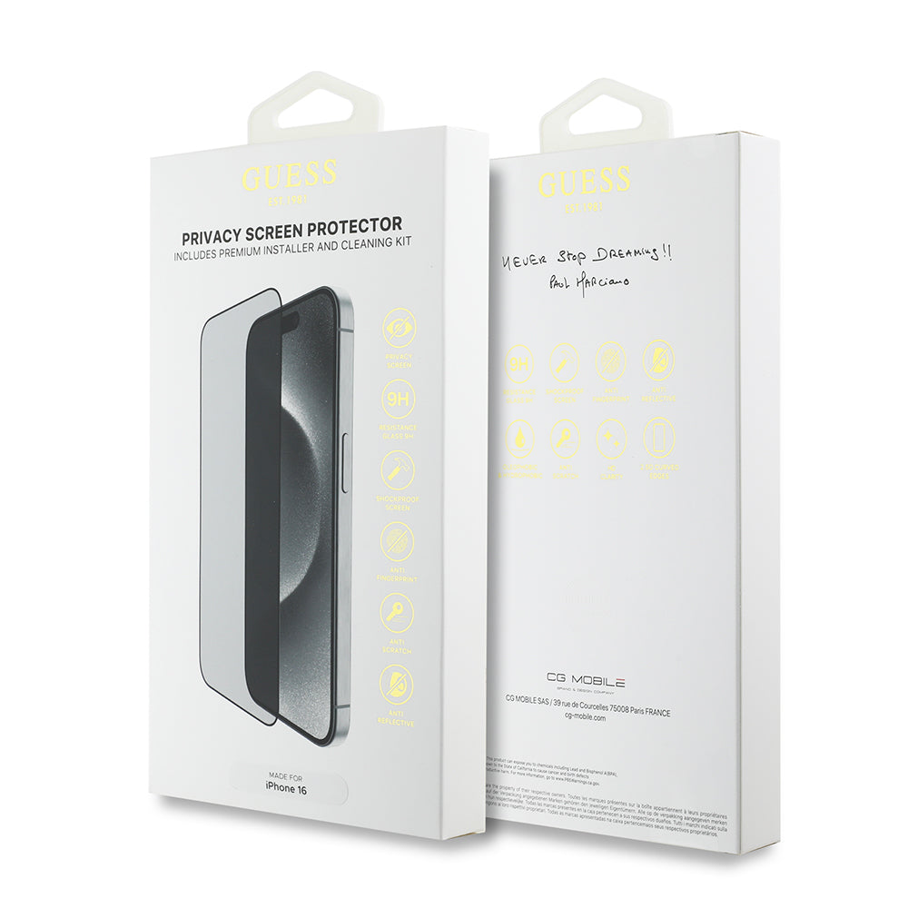 Apple iPhone 16 Pro Guess Orjinal Lisanslı Hayalet Privacy Temperli Cam Ekran Koruyucu Uygulama Aparatlı Outline Serisi Siyah