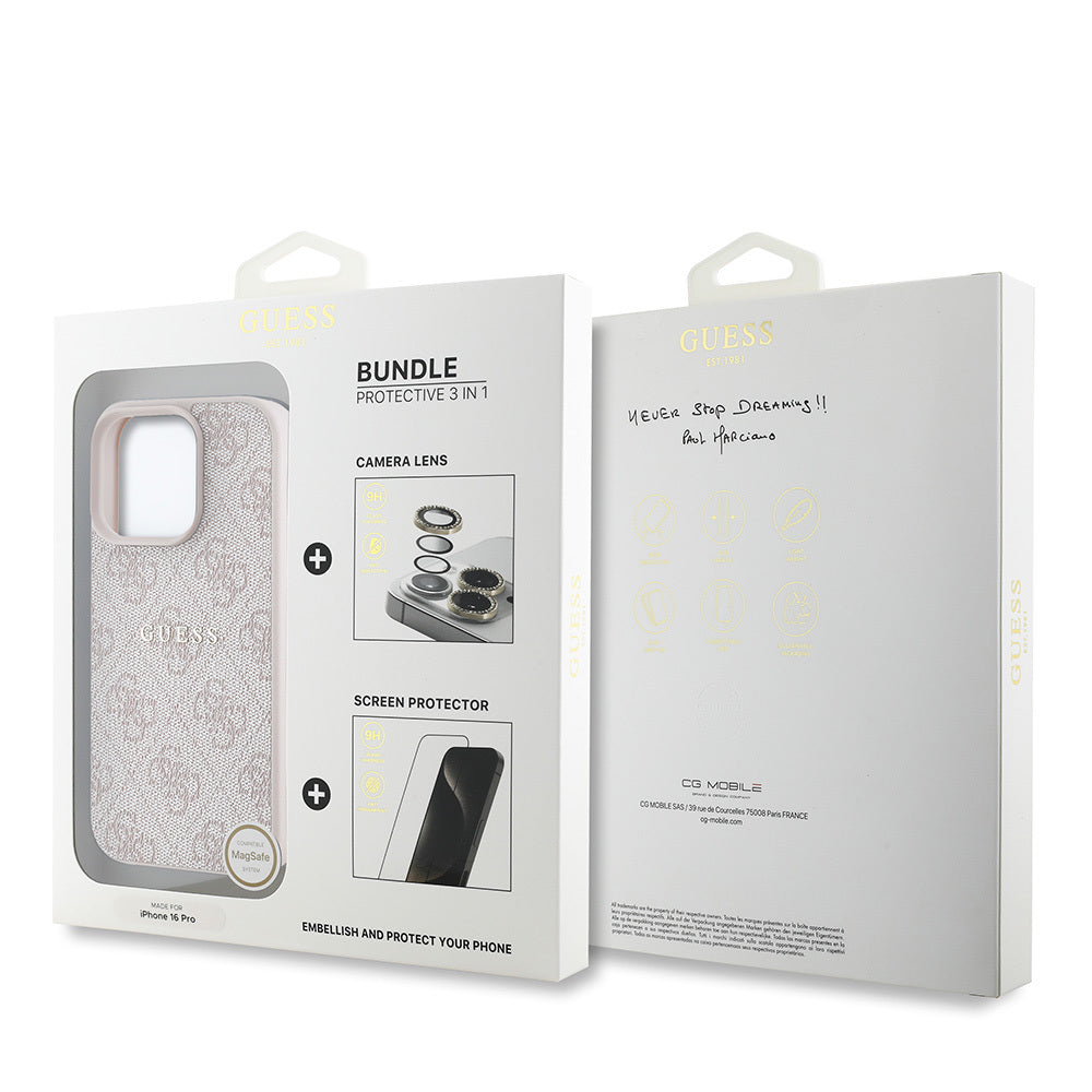 Apple iPhone 16 Pro Guess Orjinal Lisanslı Kılıf + Ekran Koruyucu + Lens Koruyucu 3in1 Aksesuar Seti Kahverengi