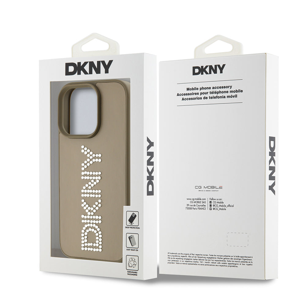 Apple iPhone 16 Pro Kılıf DKNY Orjinal Lisanslı Taşlı DKNY Yazılı Metalik Rhinestones PU Deri Kapak Kahverengi