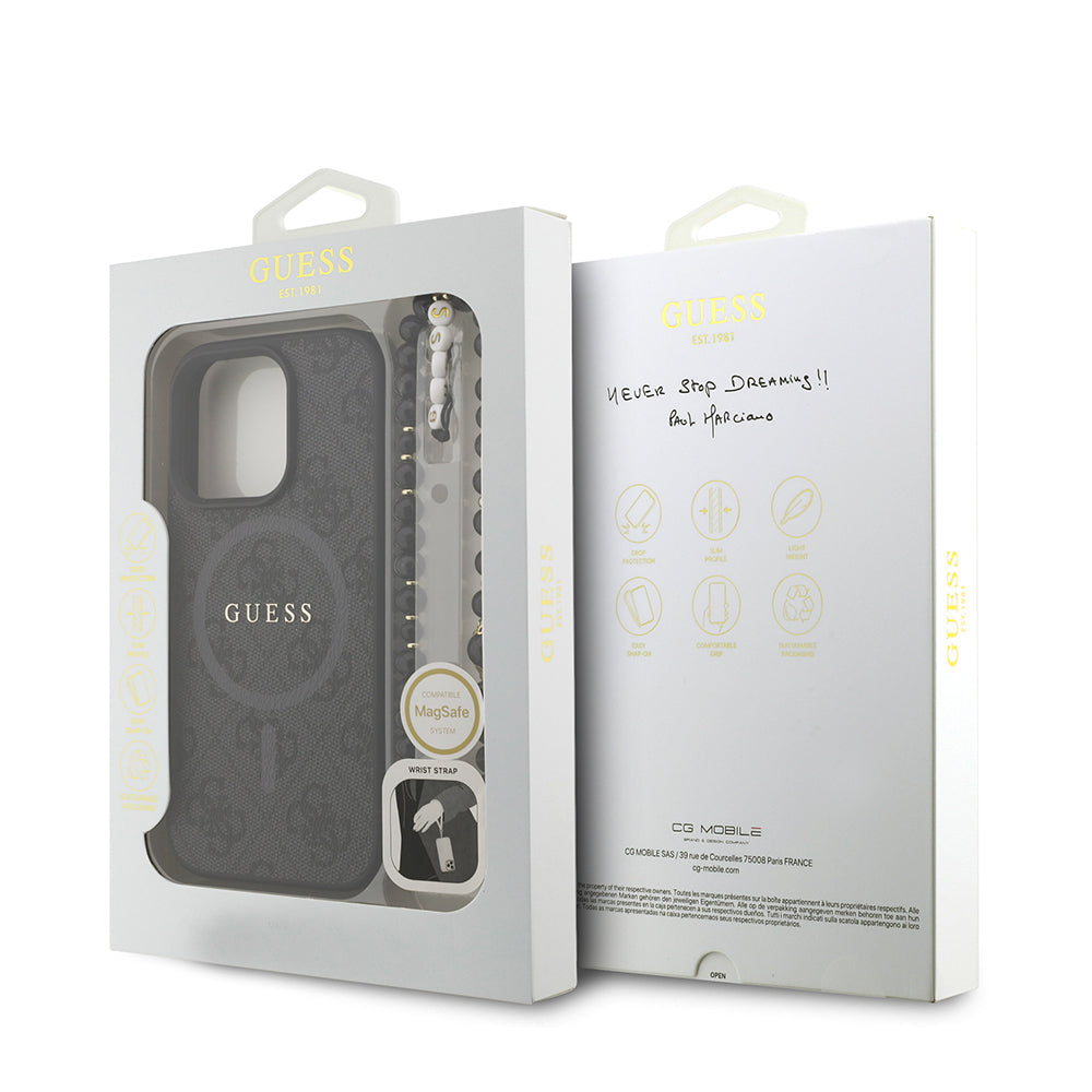 Apple iPhone 16 Pro Kılıf Guess Orjinal Lisanslı M-safe Şarj Özellikli PU Deri Bilek Askı İpli Yazı Logolu Kapak Kahverengi