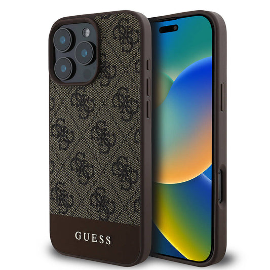 Apple iPhone 16 Pro Kılıf Guess Orjinal Lisanslı M-safe Şarj Özellikli PU Deri Şerit Logo Dizaynlı Kapak Pembe