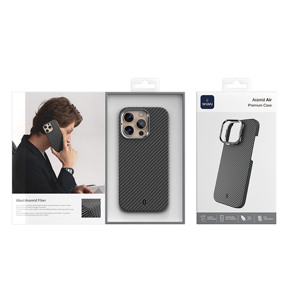 Apple iPhone 16 Pro Kılıf Wiwu DCC-206 M-safe Şarj Özellikli Kamera Standlı Aramid Fiber Tasarım Kevlar Kapak Siyah