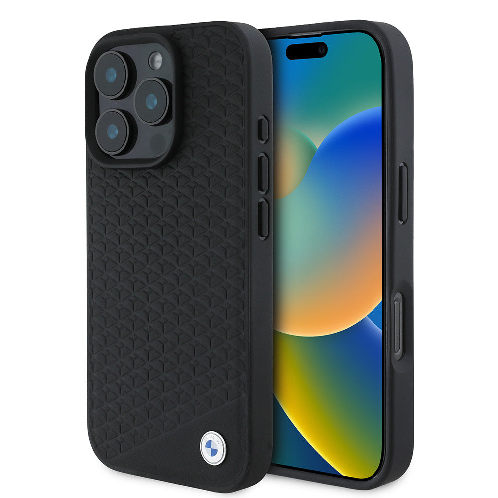 Apple iPhone 16 Pro Max Kılıf BMW Orjinal Lisanslı M-safe Şarj Özellikli Metal Logolu Dokulu Diamond Deri Kapak