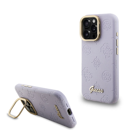 Apple iPhone 16 Pro Max Kılıf Guess Orjinal Lisanslı M-safe Şarj Özellikli Sıcak Baskılı Yazı Logolu Kamera Standlı PU Deri Peony Kapak Pembe