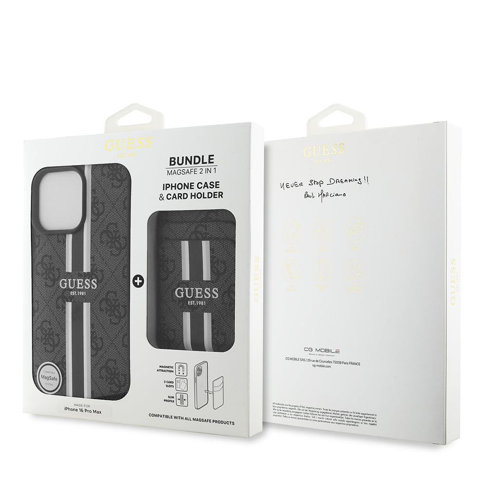 Apple iPhone 16 Pro Max Kılıf Guess Orjinal Lisanslı M-safe Şarj Özellikli 4G Desenli Çizgili Kartlıklı Kapak Siyah