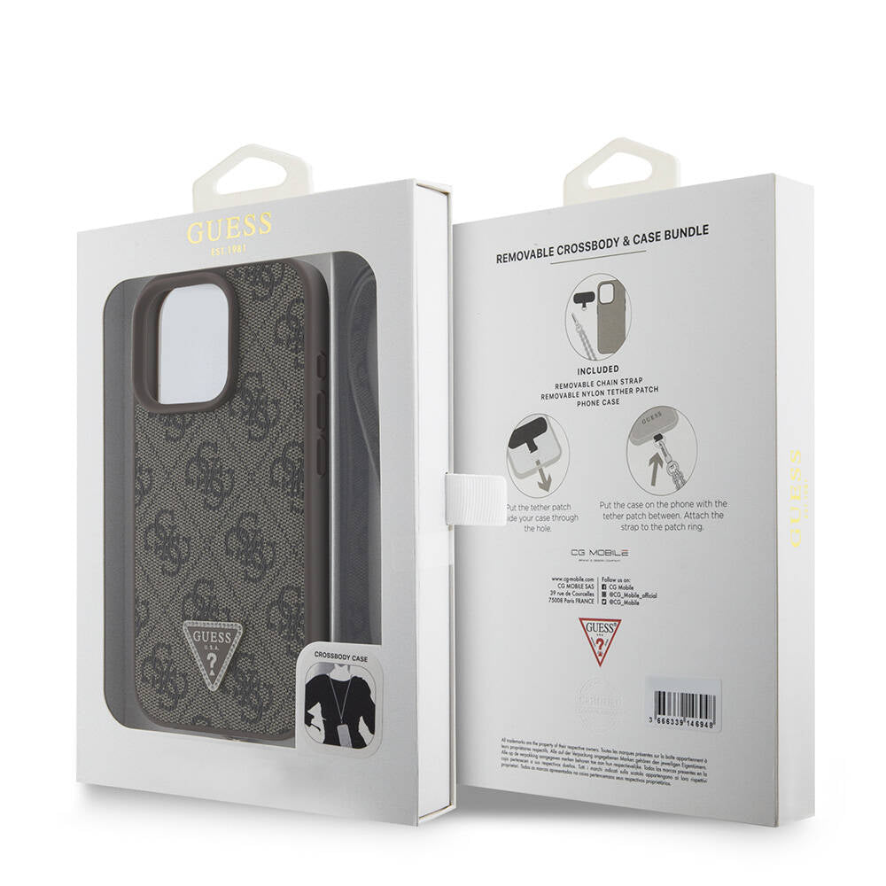 Apple iPhone 16 Pro Max Kılıf Guess Orjinal Lisanslı PU Deri Taşlı Metal Üçgen Logolu Çapraz Vücut Askılı 4G Desenli Kapak Kahverengi