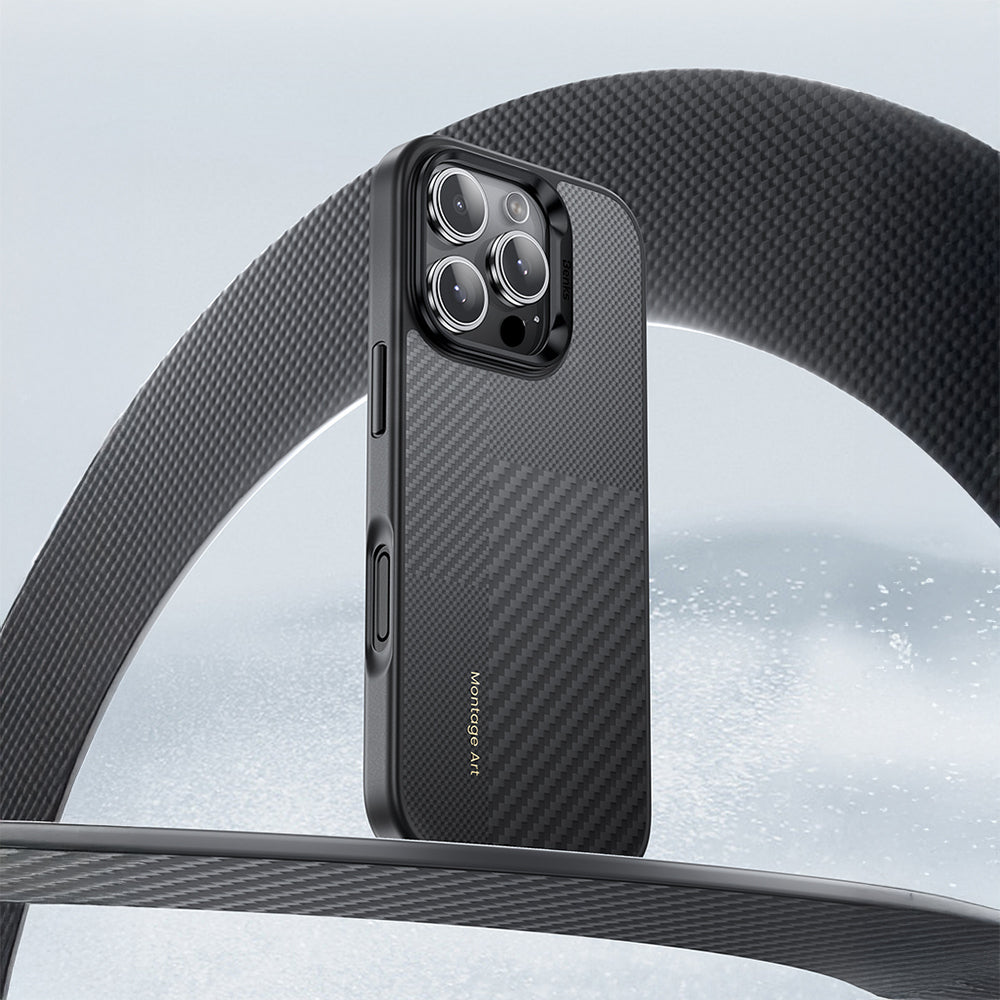 Apple iPhone 16 Pro Max Kılıf Karbon Fiber M-safe Şarj Özellikli Kamera Kontrol Butonlu Benks Hybrid ArmorPro Montage Kevlar Kapak Siyah